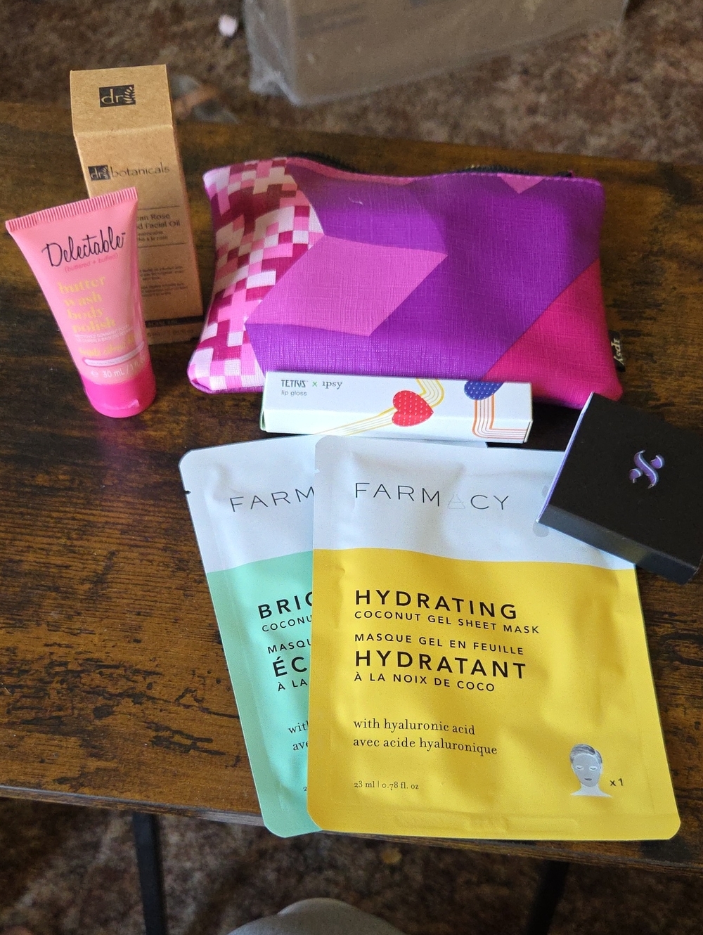 ipsy Pink and Purple Geometric Makeup Bag with Skincare Samples